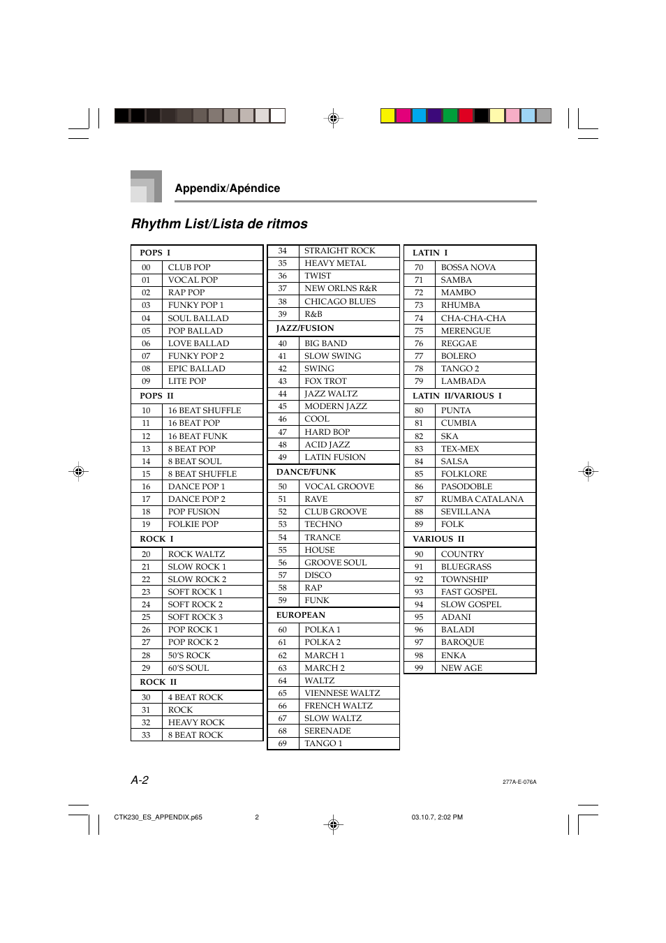 Rhythm list/lista de ritmos, A-2 appendix/apéndice | Casio CTK-230 User Manual | Page 39 / 51