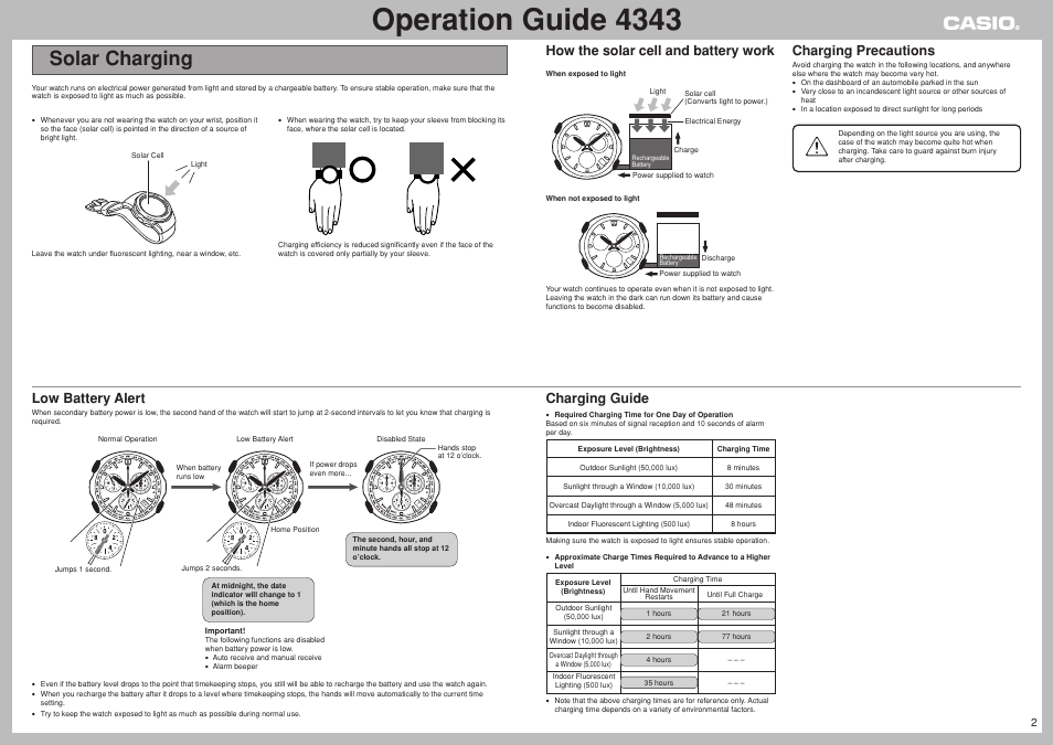 Solar charging, Operation guide 4343, How the solar cell and battery work | Charging precautions, Charging guide, Low battery alert | Casio 4343 User Manual | Page 2 / 7