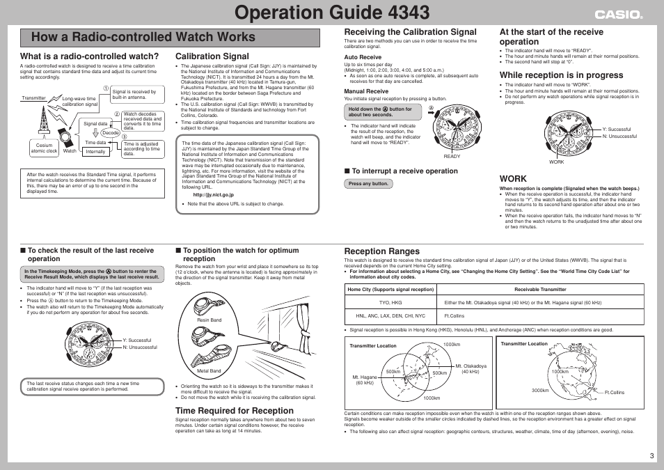 How a radio-controlled watch works, Operation guide 4343, Receiving the calibration signal | At the start of the receive operation, While reception is in progress, Work, What is a radio-controlled watch, Calibration signal, Time required for reception, Reception ranges | Casio 4343 User Manual | Page 3 / 7