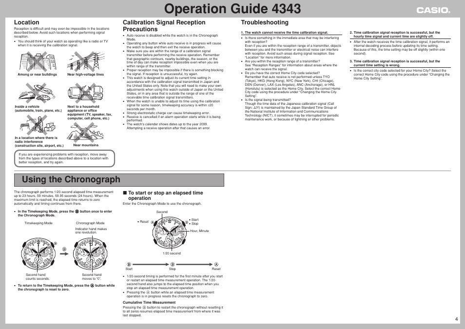 Using the chronograph, Operation guide 4343, Troubleshooting | Calibration signal reception precautions, Location | Casio 4343 User Manual | Page 4 / 7