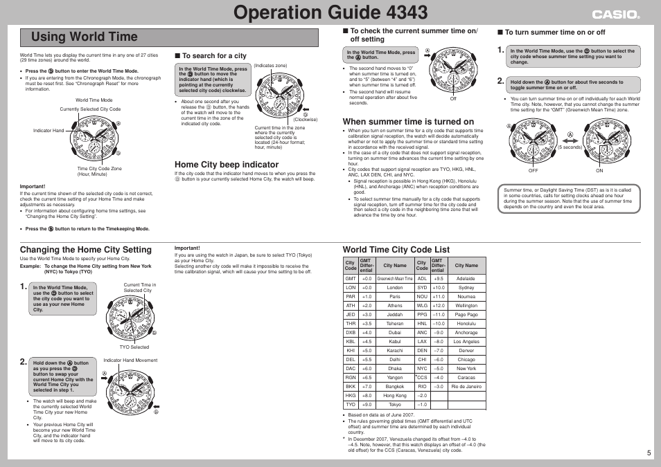 Using world time, Operation guide 4343, Home city beep indicator | Changing the home city setting, World time city code list, When summer time is turned on | Casio 4343 User Manual | Page 5 / 7