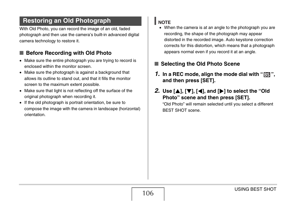 Restoring an old photograph | Casio EX-V7 User Manual | Page 106 / 276