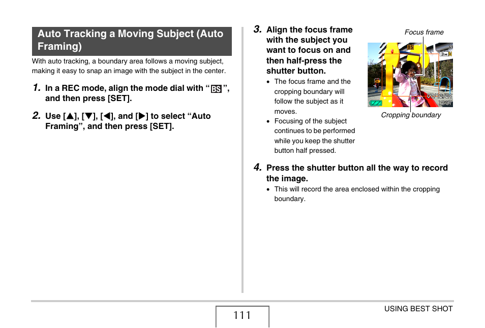 Auto tracking a moving subject (auto framing) | Casio EX-V7 User Manual | Page 111 / 276