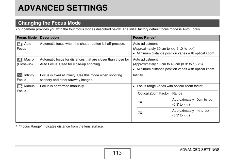 Advanced settings, Changing the focus mode | Casio EX-V7 User Manual | Page 113 / 276