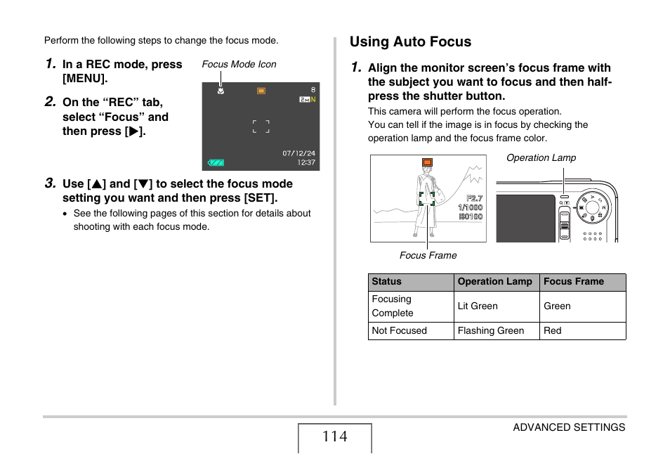 Using auto focus, Using auto focus 1 | Casio EX-V7 User Manual | Page 114 / 276