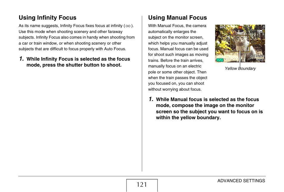 Using infinity focus, Using manual focus | Casio EX-V7 User Manual | Page 121 / 276