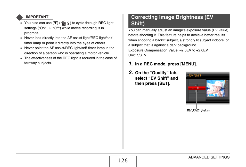 Correcting image brightness (ev shift), E 126) | Casio EX-V7 User Manual | Page 126 / 276