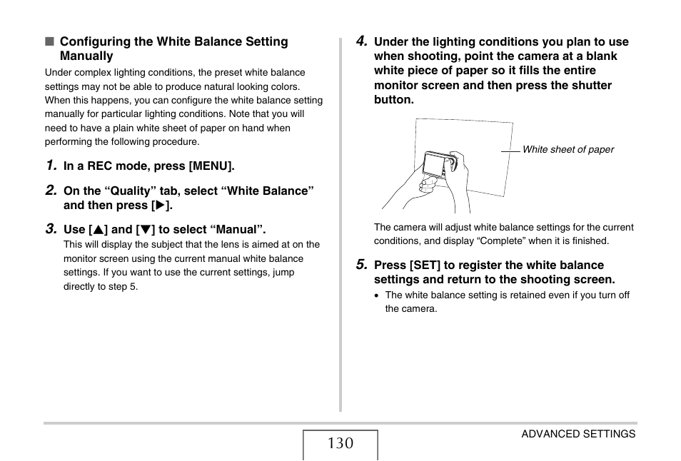 Configuring the white, Balance setting manually, E 130) | Casio EX-V7 User Manual | Page 130 / 276