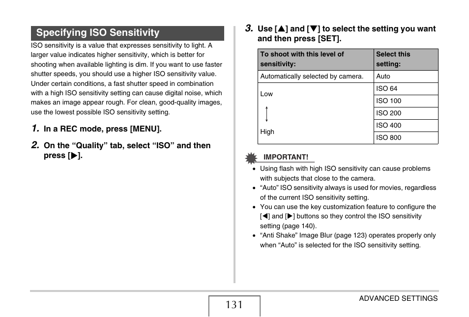 Specifying iso sensitivity, E 131) | Casio EX-V7 User Manual | Page 131 / 276