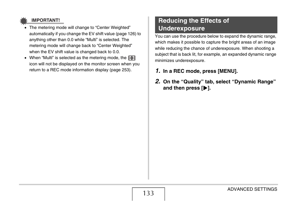 Reducing the effects of underexposure | Casio EX-V7 User Manual | Page 133 / 276