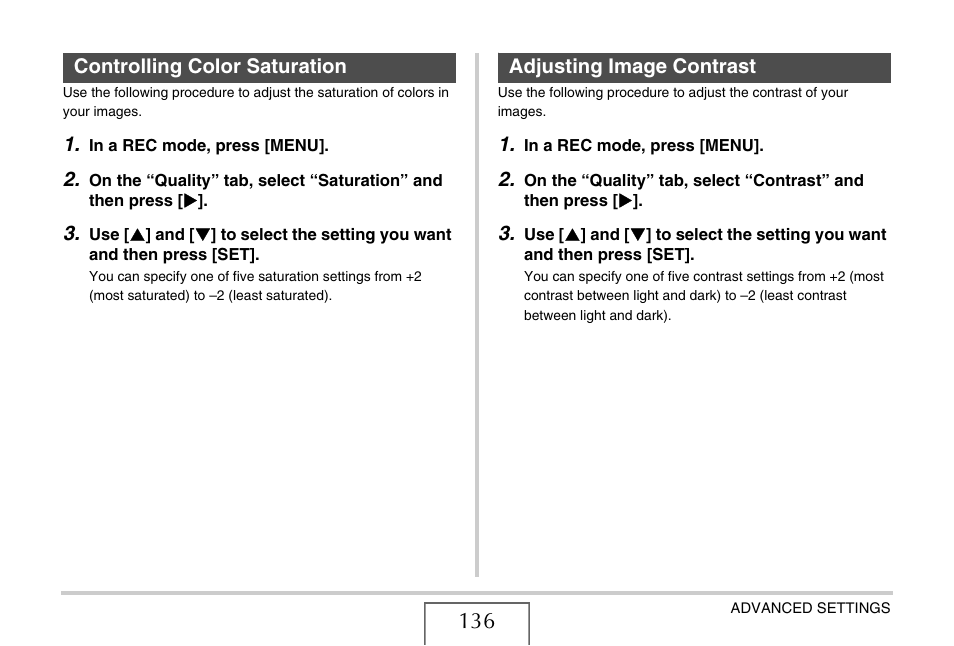 Controlling color saturation, Adjusting image contrast, E 136) | Casio EX-V7 User Manual | Page 136 / 276