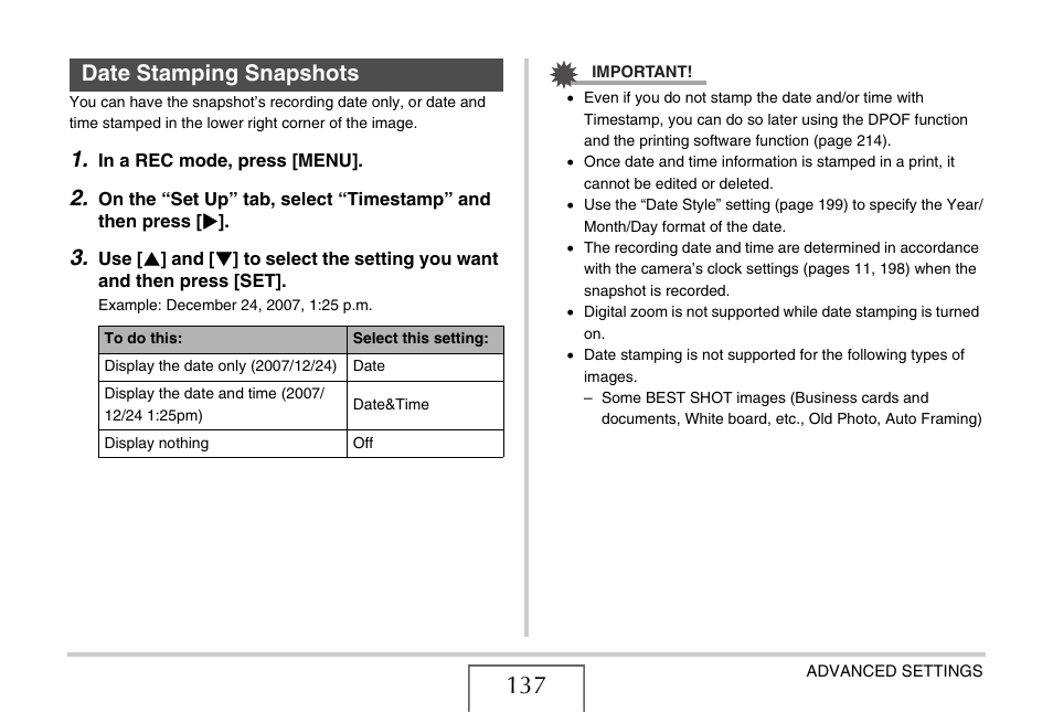 Date stamping snapshots, E 137) | Casio EX-V7 User Manual | Page 137 / 276