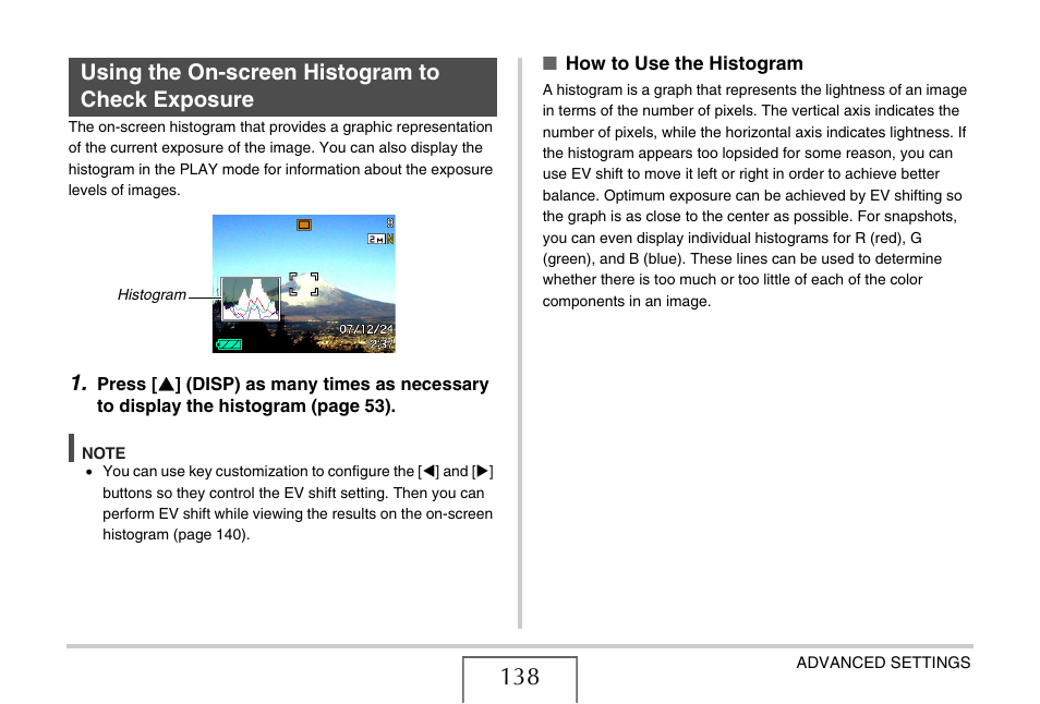 Using the on-screen histogram to check exposure | Casio EX-V7 User Manual | Page 138 / 276