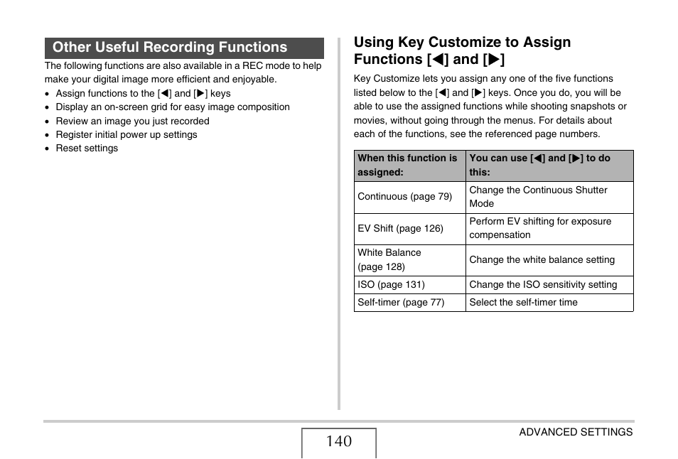 Other useful recording functions, Using key customize to assign functions [<] and, Using key customize to assign functions | W] and [x, Ge 140) | Casio EX-V7 User Manual | Page 140 / 276