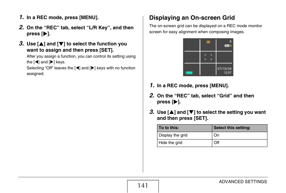 Displaying an on-screen grid | Casio EX-V7 User Manual | Page 141 / 276