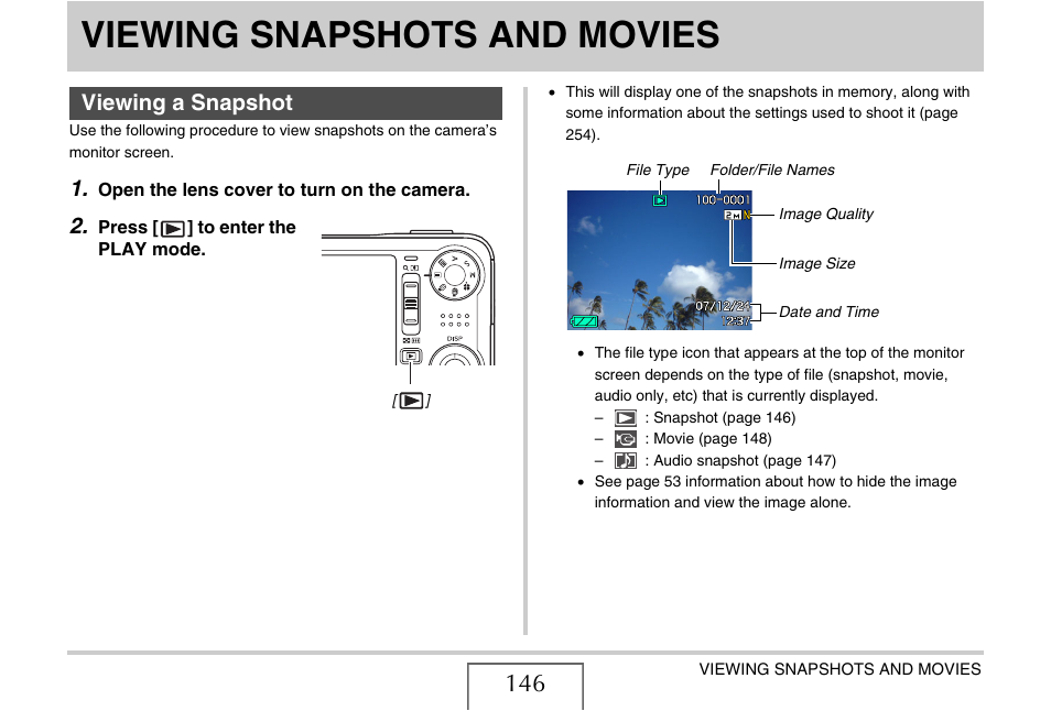 Viewing snapshots and movies, Viewing a snapshot | Casio EX-V7 User Manual | Page 146 / 276