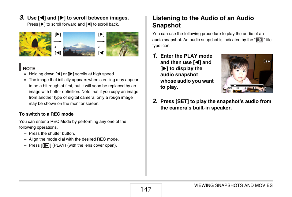 Listening to the audio of an audio snapshot, E 147) | Casio EX-V7 User Manual | Page 147 / 276