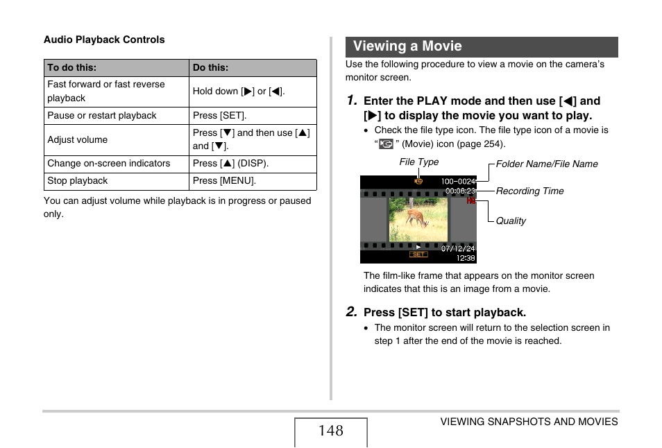 Viewing a movie, E 148) | Casio EX-V7 User Manual | Page 148 / 276