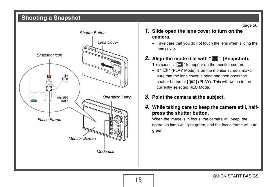 Shooting a snapshot, Shooting a, Snapshot” on | E 15 | Casio EX-V7 User Manual | Page 15 / 276