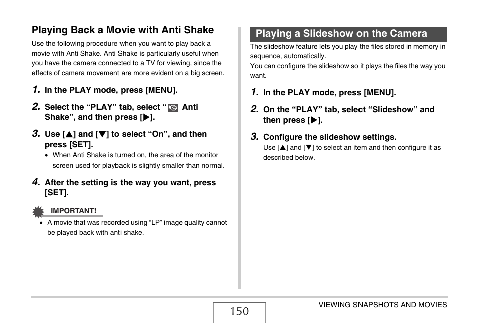 Playing back a movie with anti shake, Playing a slideshow on the camera | Casio EX-V7 User Manual | Page 150 / 276