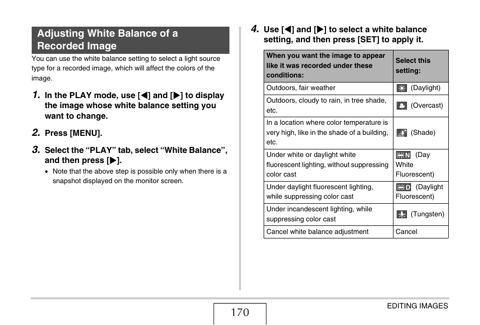 Adjusting white balance of a recorded image, Adjusting white balance of a recorded image . 170 | Casio EX-V7 User Manual | Page 170 / 276