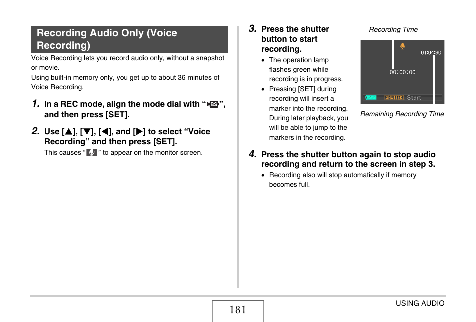 Recording audio only (voice recording) | Casio EX-V7 User Manual | Page 181 / 276
