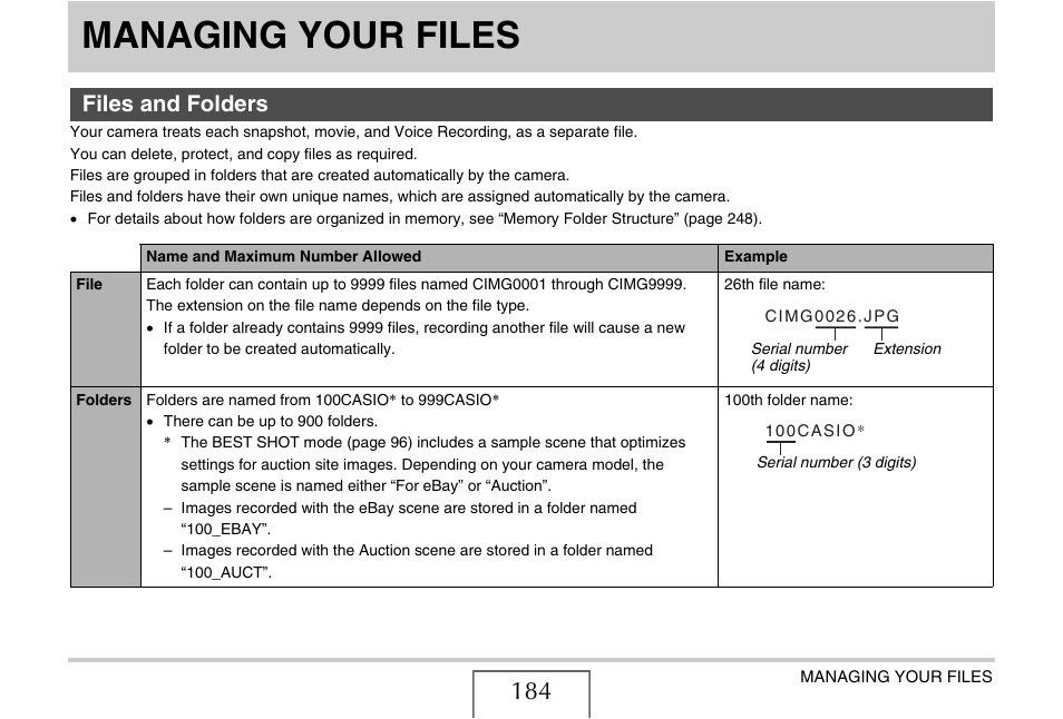 Managing your files, Files and folders | Casio EX-V7 User Manual | Page 184 / 276