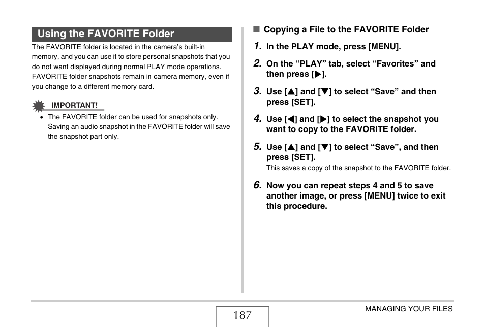 Using the favorite folder | Casio EX-V7 User Manual | Page 187 / 276