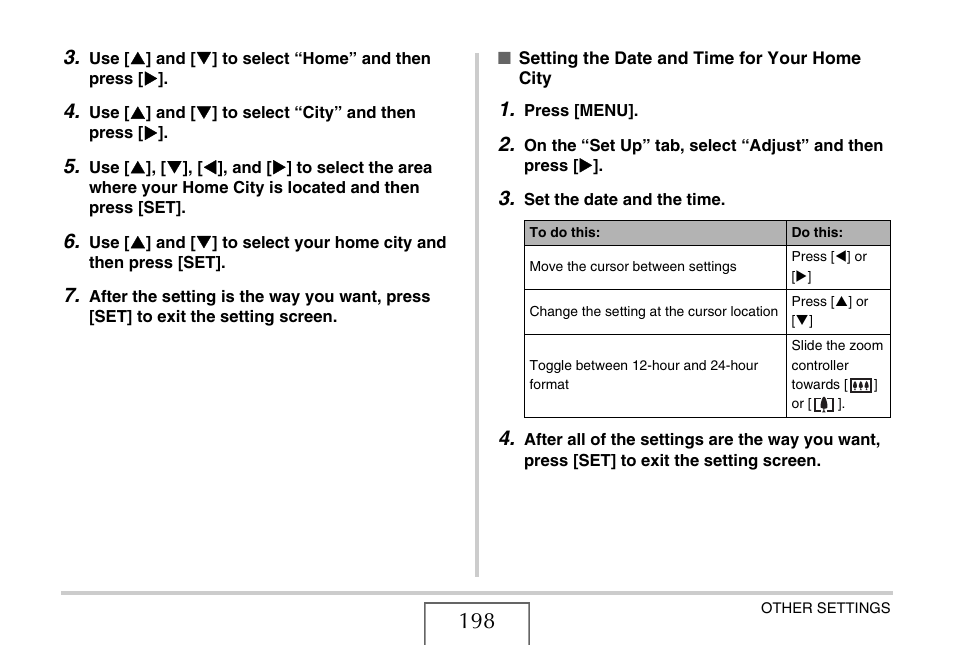 Setting the date, And time for your home city, E 198) | Casio EX-V7 User Manual | Page 198 / 276