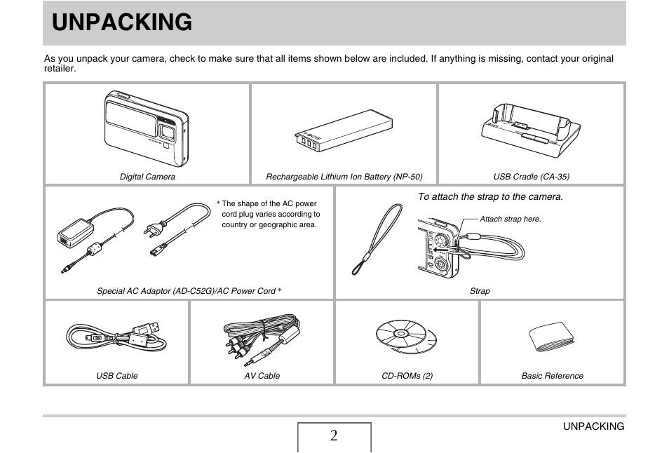 Unpacking | Casio EX-V7 User Manual | Page 2 / 276