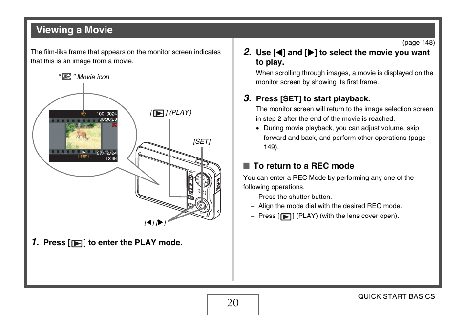 Viewing a movie | Casio EX-V7 User Manual | Page 20 / 276