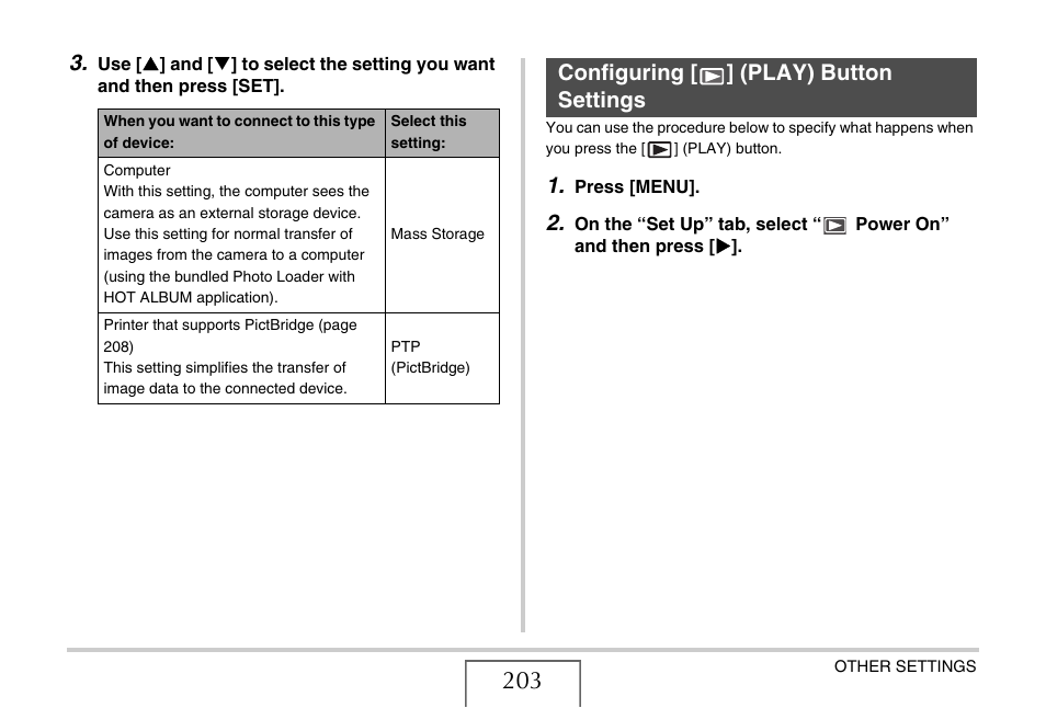 Configuring [>] (play) button settings, Configuring, Play) button settings | Configuring [ ] (play) button settings | Casio EX-V7 User Manual | Page 203 / 276