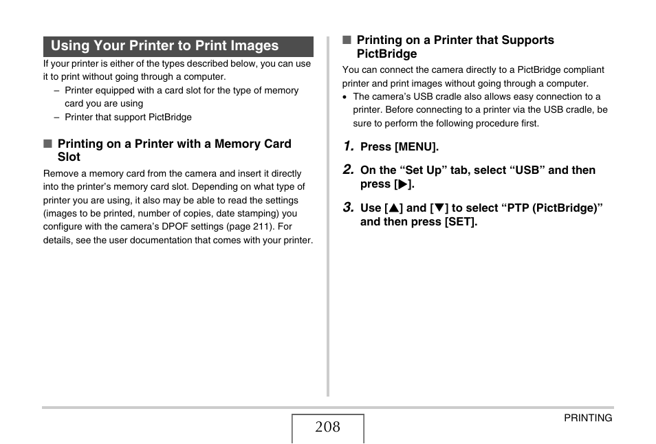 Using your printer to print images, E 208) | Casio EX-V7 User Manual | Page 208 / 276