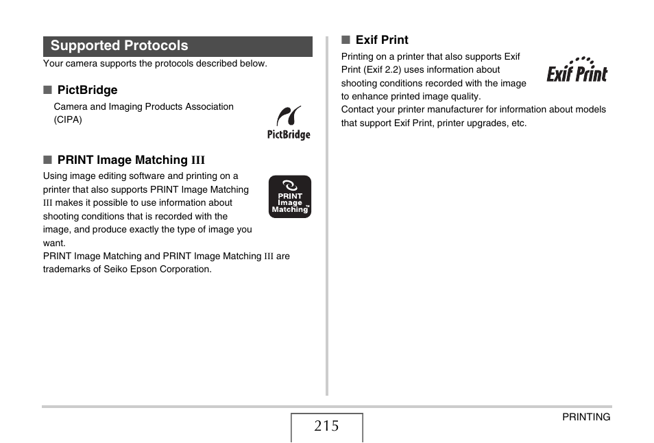 Supported protocols | Casio EX-V7 User Manual | Page 215 / 276