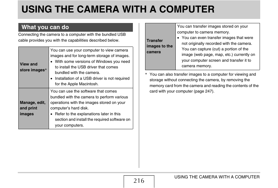 Using the camera with a computer, What you can do | Casio EX-V7 User Manual | Page 216 / 276