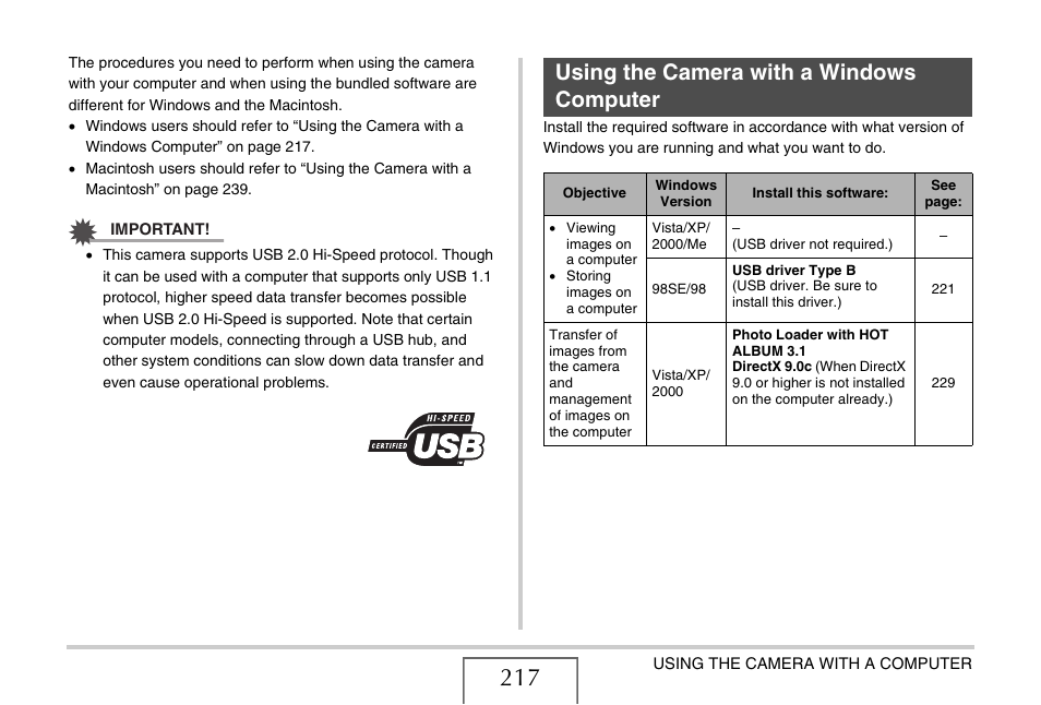 Using the camera with a windows computer, E “using the camera with a windows computer” on, E 217 | Casio EX-V7 User Manual | Page 217 / 276