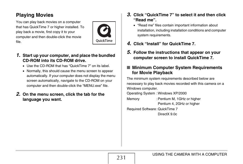 Playing movies | Casio EX-V7 User Manual | Page 231 / 276