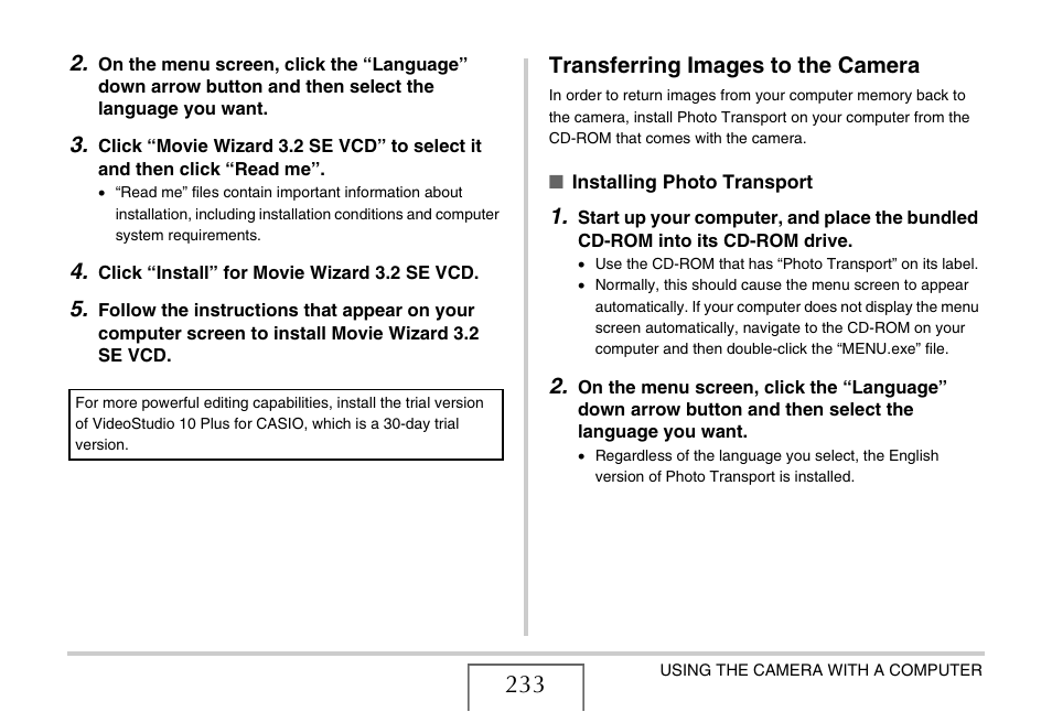 Transferring images to the camera | Casio EX-V7 User Manual | Page 233 / 276