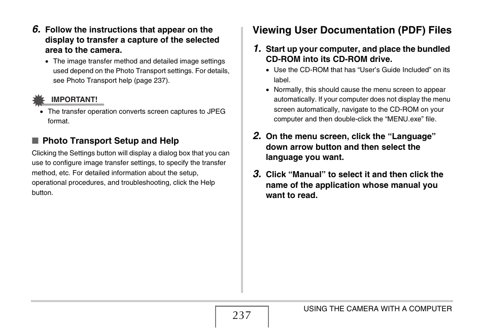 Viewing user documentation (pdf) files, Viewing user documentation (pdf) files 1 | Casio EX-V7 User Manual | Page 237 / 276