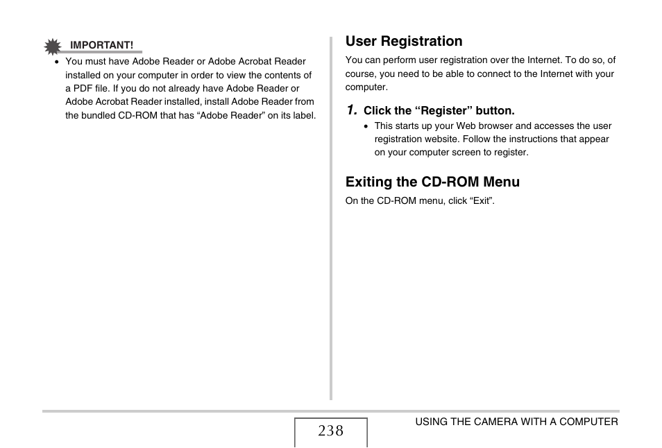 User registration, Exiting the cd-rom menu | Casio EX-V7 User Manual | Page 238 / 276