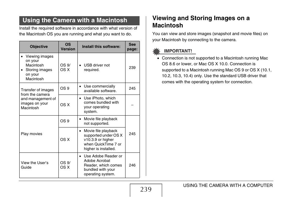 Using the camera with a macintosh, Viewing and storing images on a macintosh, E “using the camera with a macintosh | O “using the camera with a, Macintosh, E 239 | Casio EX-V7 User Manual | Page 239 / 276