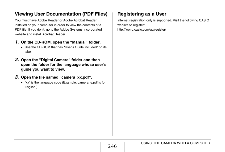 Viewing user documentation (pdf files), Registering as a user | Casio EX-V7 User Manual | Page 246 / 276