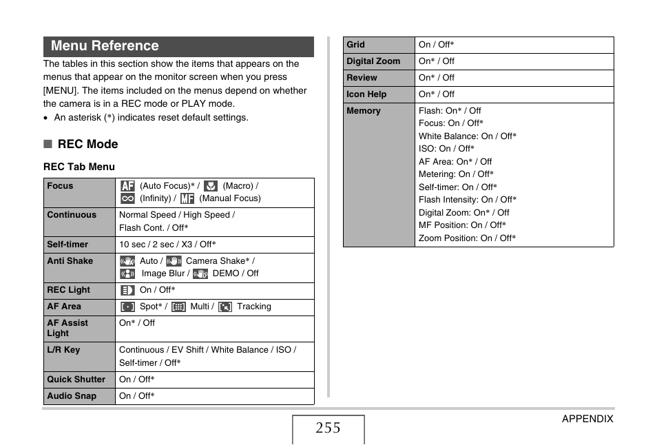 Menu reference, Rec mode | Casio EX-V7 User Manual | Page 255 / 276