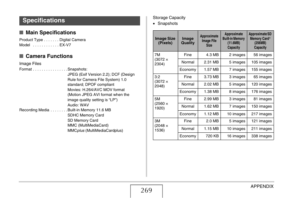 Specifications, Main specifications, Camera functions | Casio EX-V7 User Manual | Page 269 / 276