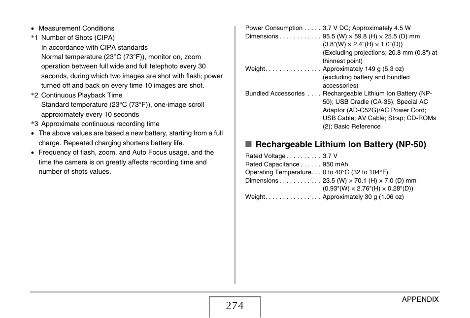 Rechargeable lithium ion battery (np-50) | Casio EX-V7 User Manual | Page 274 / 276