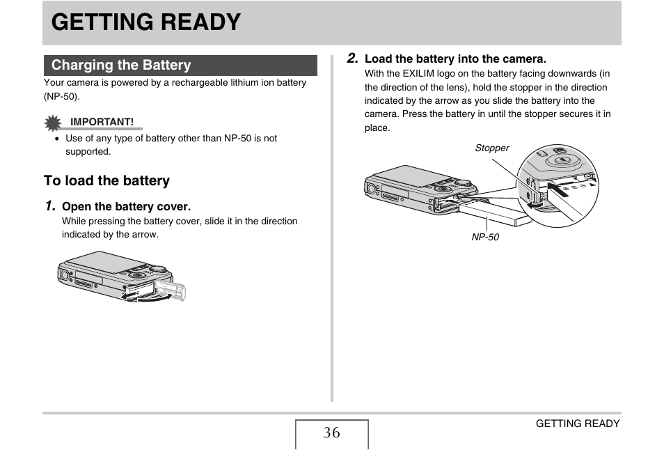 Getting ready, Charging the battery, To load the battery | Casio EX-V7 User Manual | Page 36 / 276