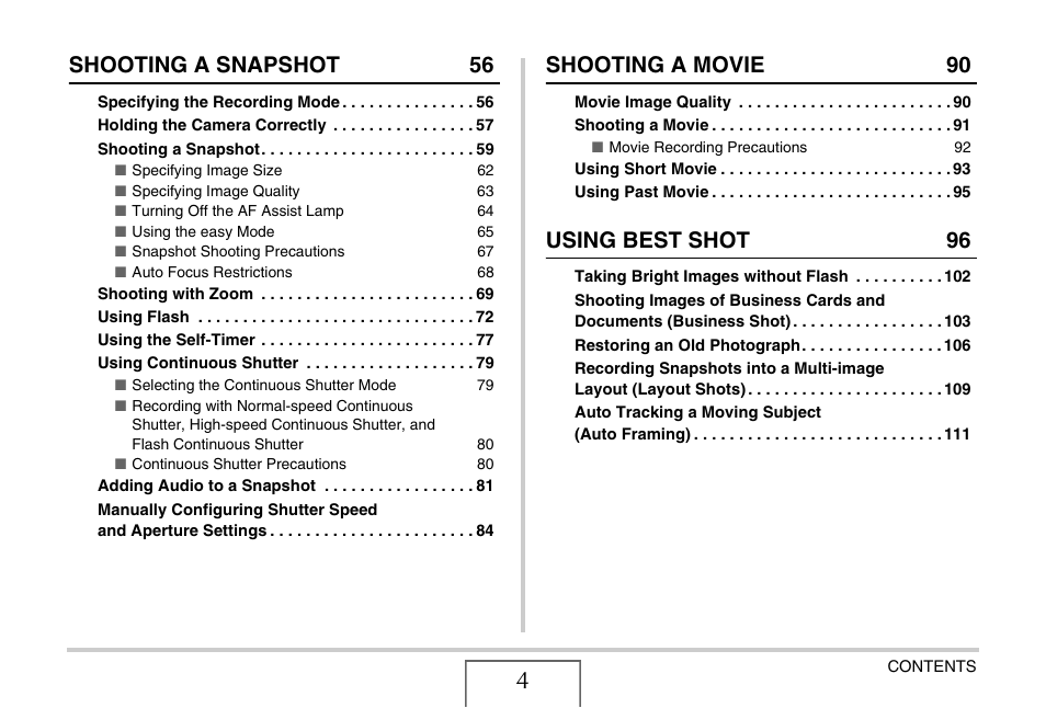 Shooting a snapshot 56, Shooting a movie 90, Using best shot 96 | Casio EX-V7 User Manual | Page 4 / 276