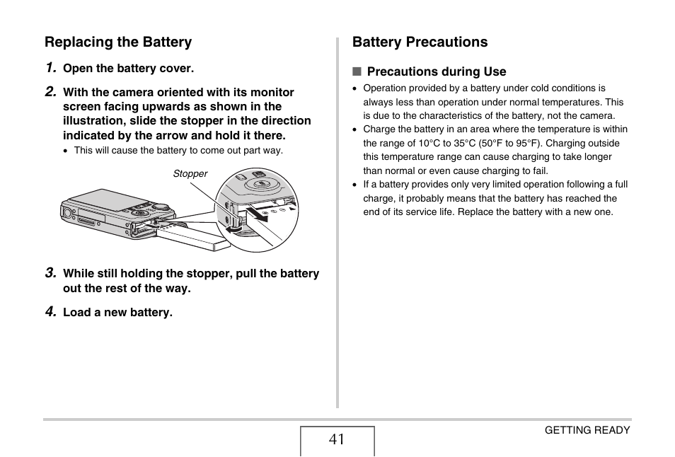 Replacing the battery, Battery precautions, Replacing the battery 1 | Casio EX-V7 User Manual | Page 41 / 276