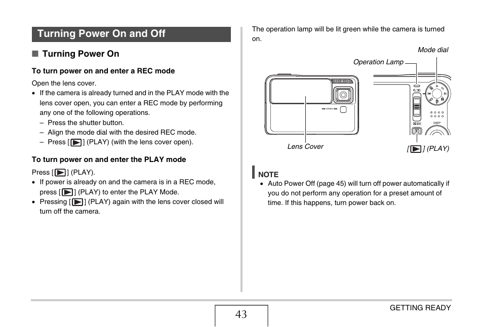 Turning power on and off | Casio EX-V7 User Manual | Page 43 / 276