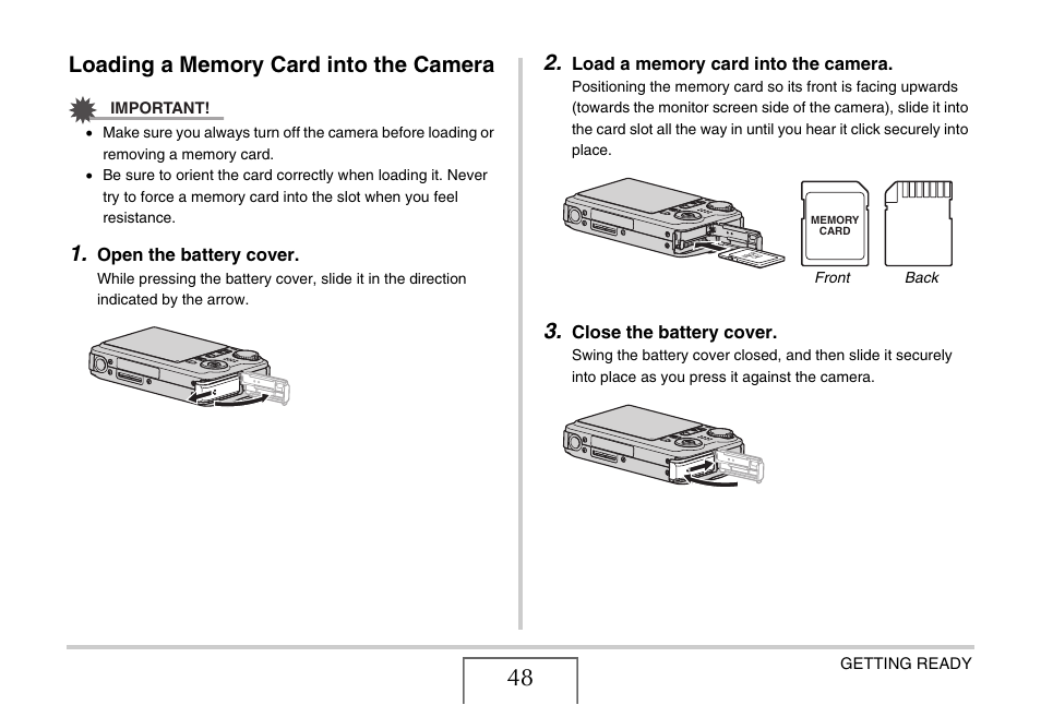 Loading a memory card into the camera | Casio EX-V7 User Manual | Page 48 / 276